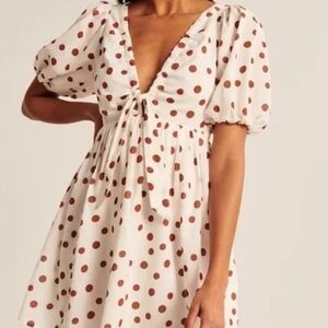 Abercrombie and Fitch Black and White Tie-Neck Polka Dot Puff-Sleeve Dress
